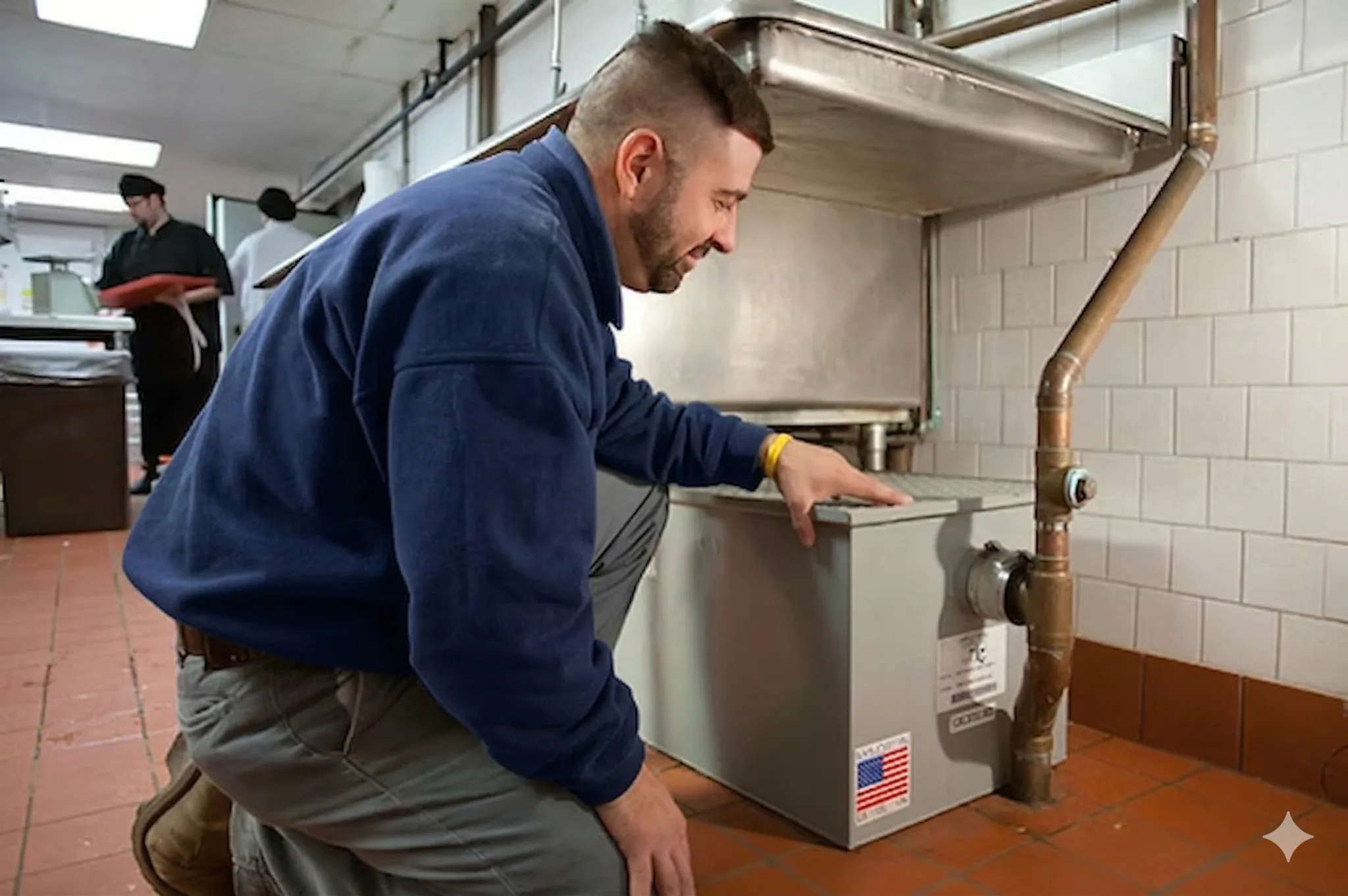 Technician servicing a grease trap in a commercial kitchen